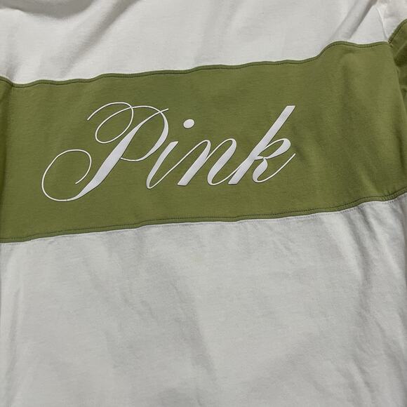 Victoria's Secret PINK Medium Green White Long Sleeve Crewneck Pullover Tee - Picture 4 of 5